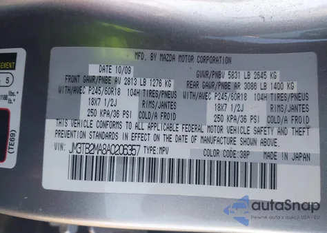 2010 Mazda Cx-9 Sport z USA, uszkodzony, nr VIN JM3TB2MA8A0206357
